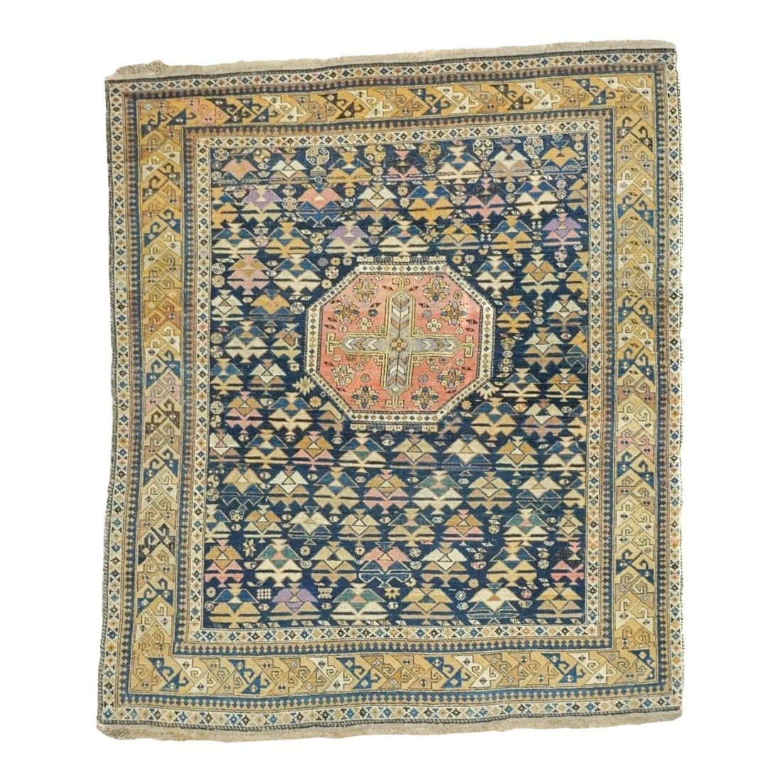 Late 18th Century Antique Caucasian Kuba Shirvan Rug 4'5'' x 5'1': Azeri Turks inhabit the Kuba area of the central west Caspian Caucasus and weave a wide variety of geometric scatters, runners, long rugs and niche (prayer) pieces, in geometric allover and medallion