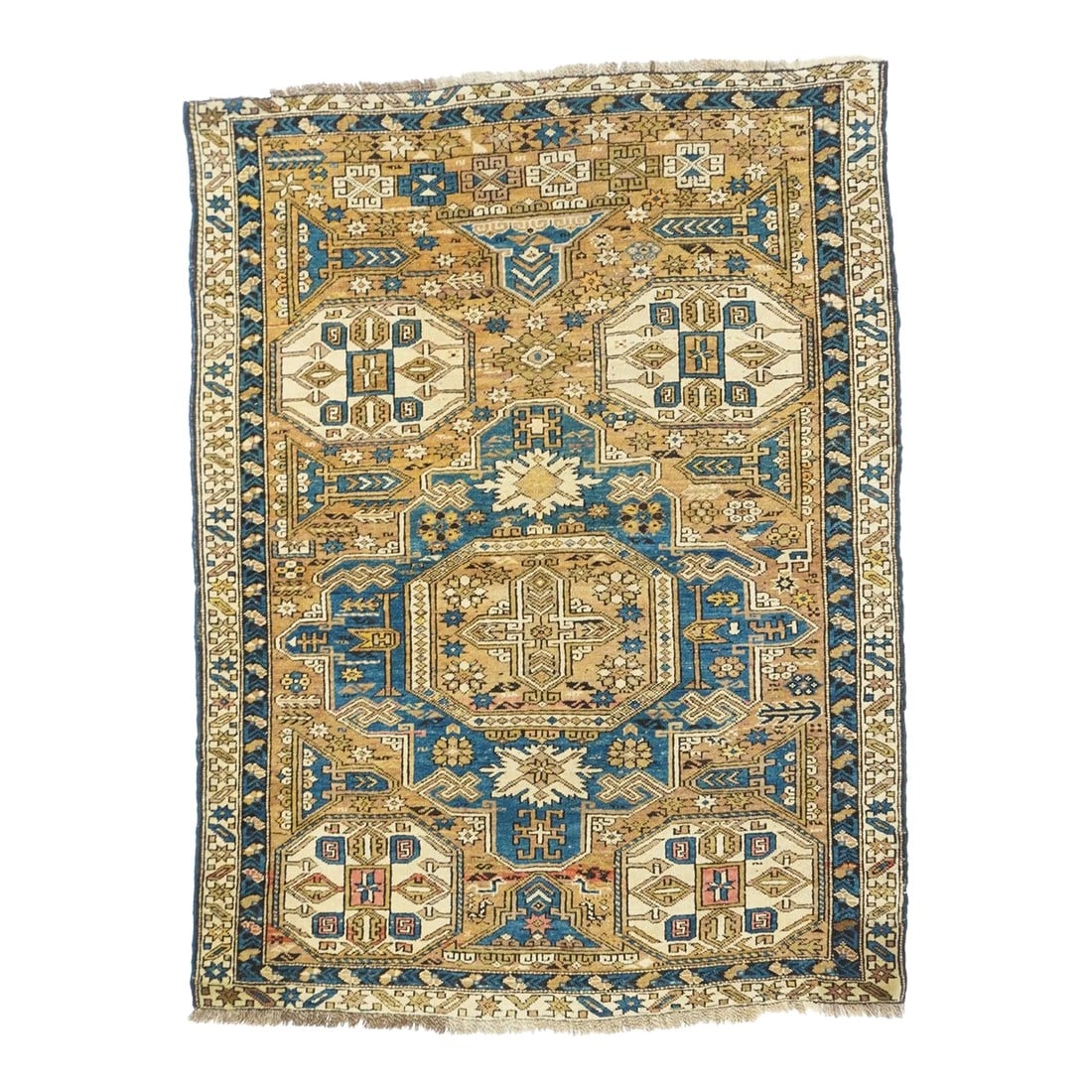 Antique Shirvan Rug 3'10'' x 5'2'': Adapted from a flat-woven Sumac rug design, this east Caucasian scatter shows a single reticulated medium blue faceted cruciform medallion with four pale straw secondary octagons and lateral; "rocket