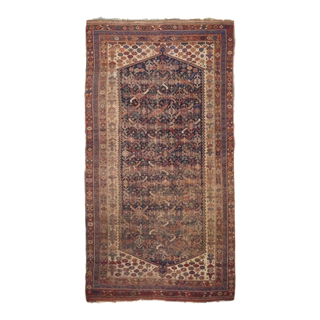 Late 18th Century Antique Persian Qashqai Rug 4'6'' x 8'4'': Although now significantly worn, this tribal scatter shows a central stretched slate panel with a repeating characteristic Basiri tribal pattern. Zig-zag sides. Ecru eggshell field with small