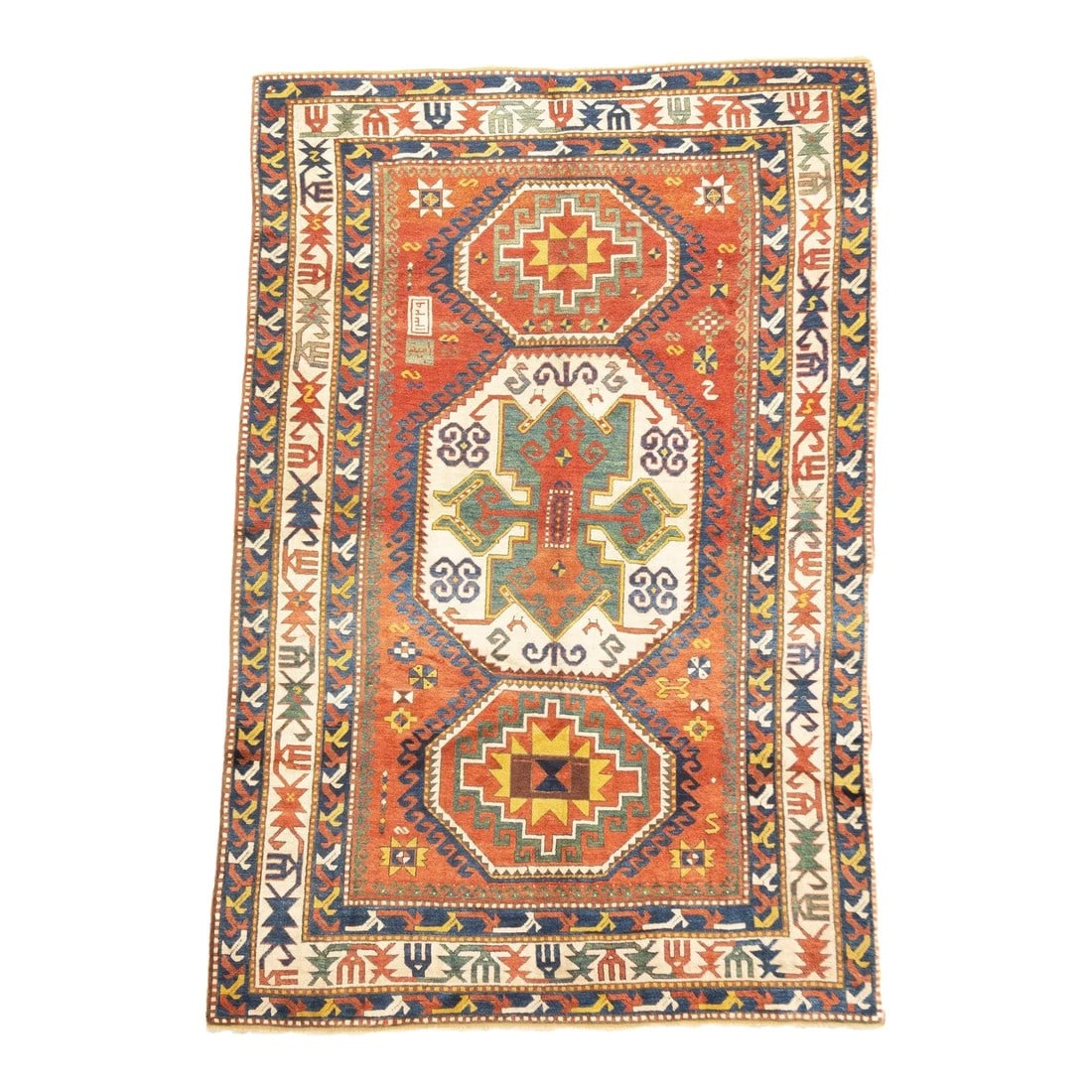 Late 18th Century Antique Caucasian Kazak Rug 5'7'' x 8'0'': SW Caucasus/Armenia. Boldly patterned, strongly colored, totally geometric, all wool, coarse to moderate weave, medium to long pile, scatter format pieces, in medallion, allover and prayer (directiona