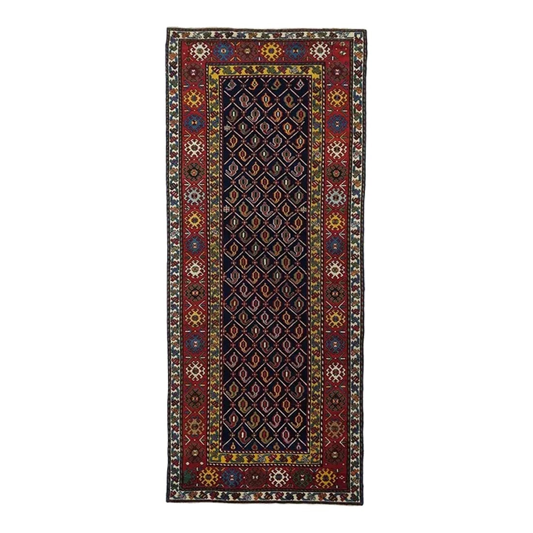 19th Century Antique Shirvan Rug 3'5'' x 8'9'': From the southern Caucasus, this good condition long piece presents a dark indigo blue field decorated with a diamond lattice enclosing row by row reversing botehs, but all in one general direction.