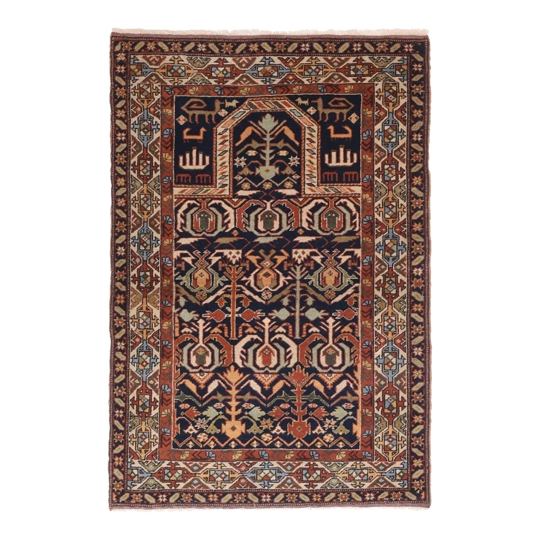 Antique Shirvan Daghestan Rug 3'0'' x 4'4'': This well-woven NE Caucasian niche-format scatter shows a dark blue field with several types of stylized large flowers in green, yellow, ivory and red, closely set, under a faceted arch with hands and