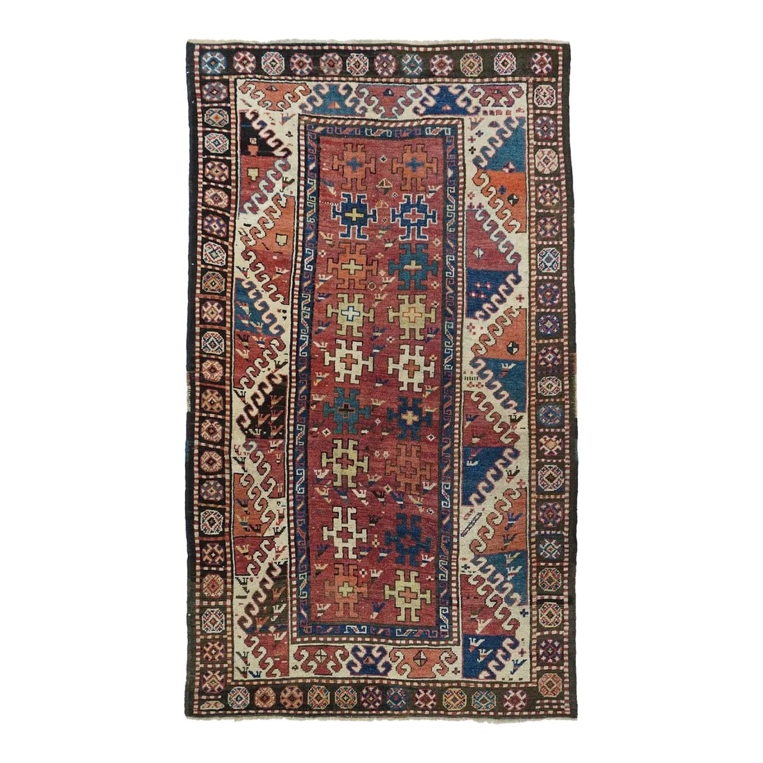 Antique Kazak Borcholo Rug 4'7'' X 8'0'': The iconic ivory hooked zig-zag Bordshaly border is set off by two tone red, rust and blue triangles with a scattering of small, perky birds. The well-abrashed red field shows two columns of nine squa