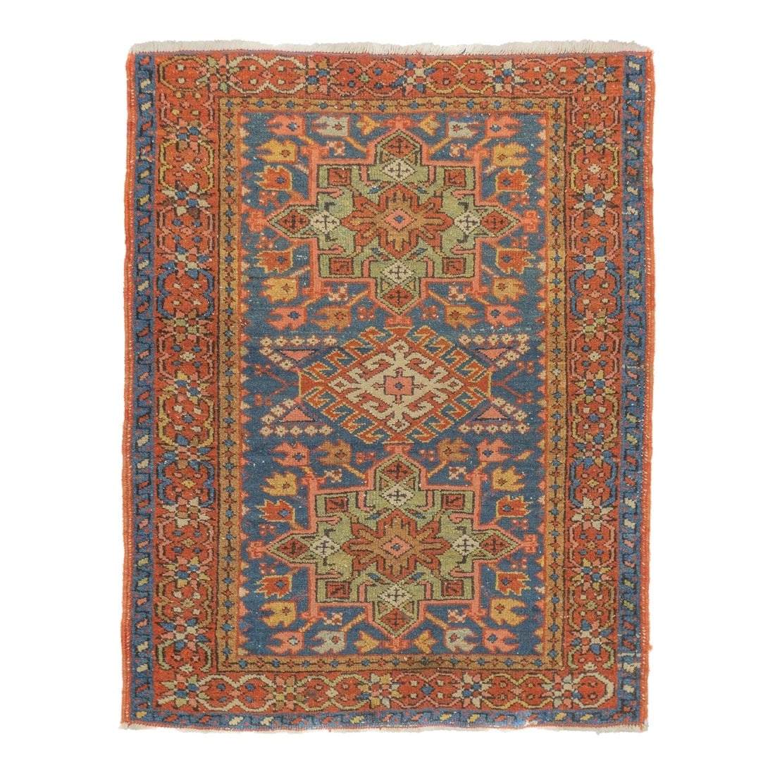 Antique Persian Heriz Rug 3'1'' x 3'11'': The numerous rugs of the famous NW Persian weaving district, from small scatters to giant carpets and a few runners, in semi-geometric medallion, centralised and strictly allover patterns, on cotton f