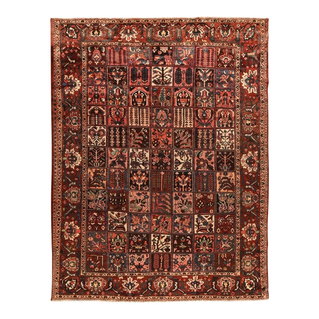 Vintage Bakhtiari Rug 10'9'' X 14'0'': This central Persian Chahar Mahal area village carpet shows a seven by elven "garden" windowpane panel design with mihrabs, weeping willows, flowering vases, twinned feathery fronds and blossoming ste