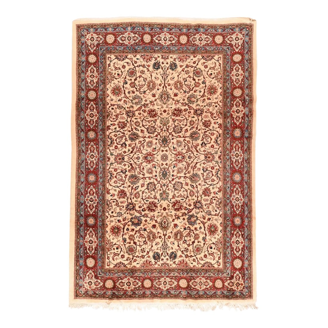 Vintage Sarouk Rug 7'2'' X 11'0'': The spiral arabesques (slime) are organized in two levels by the central palmette column with a rosette focal point. Forked leaves, rosettes and more palmettes anchor and develop from the springy