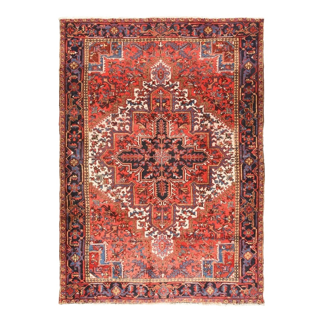 Antique Heriz Rug 7'9'' x 10'11'': A tonal inversion, with large, rust red, stepped corners, and a somewhat restricted ecru field anchored by a large rust red and navy nested leaf medallion. Stepped light blue corner cores. Straw inner