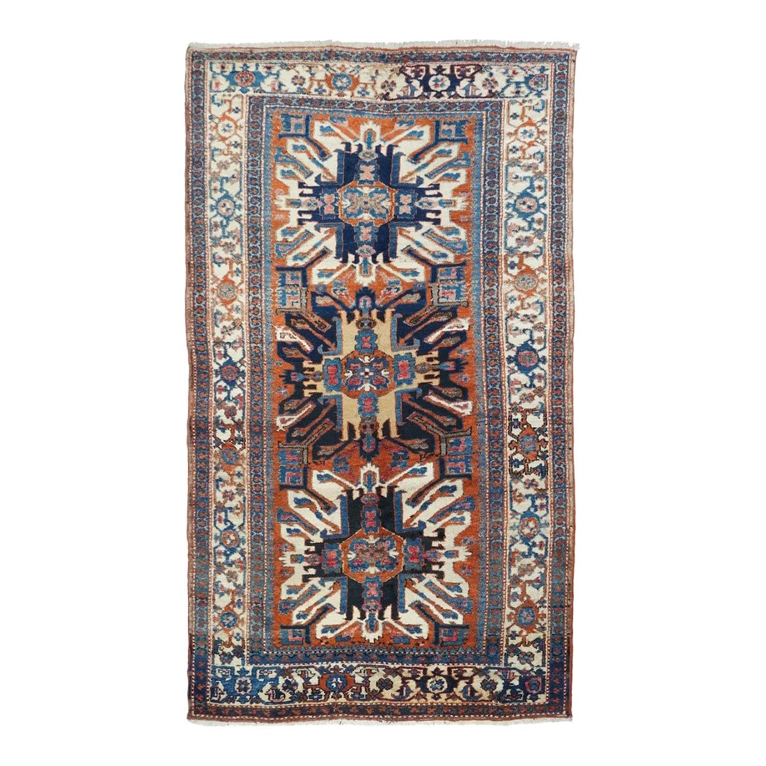 Antique Karajeh Weave Rug 4'5'' x 7'5'': NW Persian probably single Wefted, made in Eagle design to sell into Western Markets as a cheaper alternative to Caucasian Rugs. Sometimes in runner format. Dark centre medallion is not found on genui