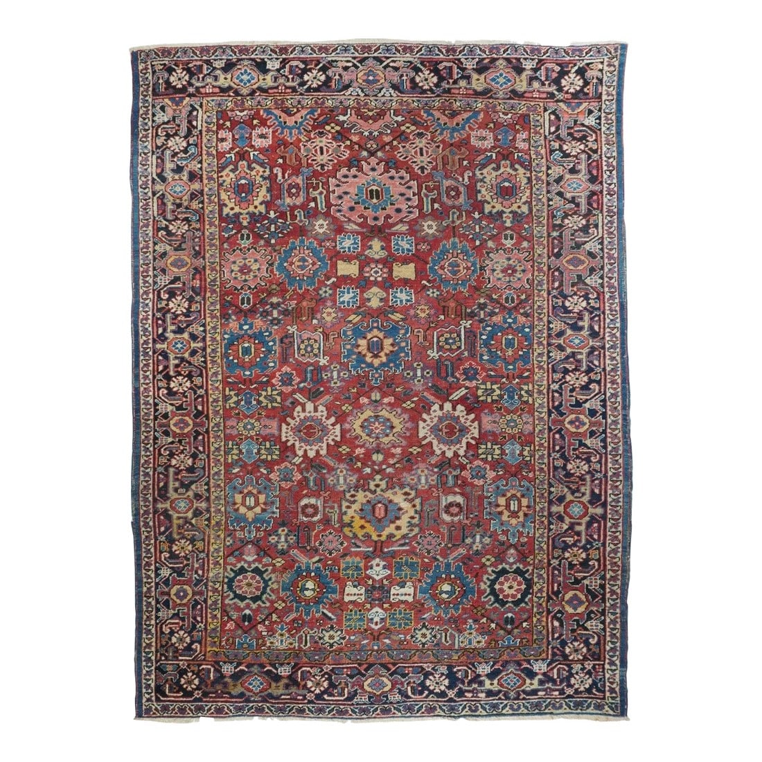 Antique Heriz Rug 6'11'' X 9'10'': Antique Heriz Rug 6'11'' x 9'10''. The coral field is dominated by eight giant bitonal fringed, bent and strongly hooked leaves. Teal, medium-dark blue, ecru and navy details. Light blue inner