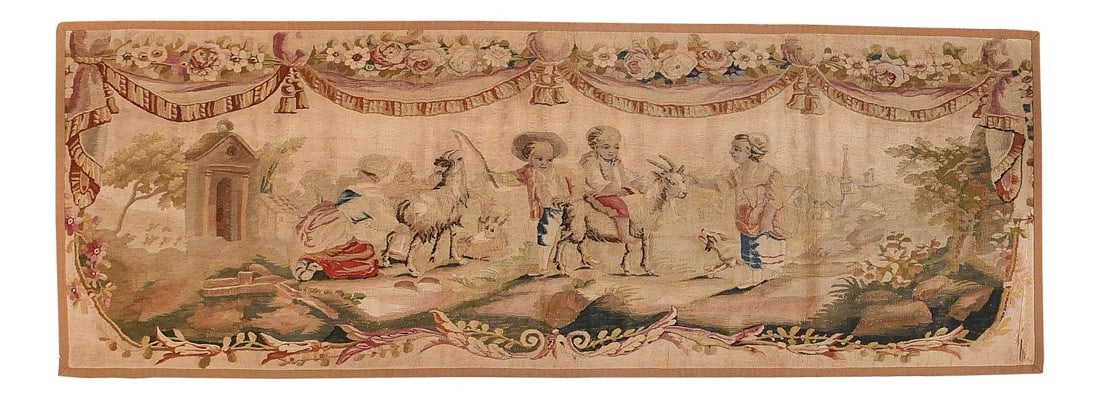 19th Century Antique Aubusson Pictorial French Tapestry, Hand Knotted: Design: Pictorial The Aubusson tapestry manufacture of the 17th and 18th centuries managed to compete with the royal manufacture of Gobelins tapestry and the privileged position of Beauvais