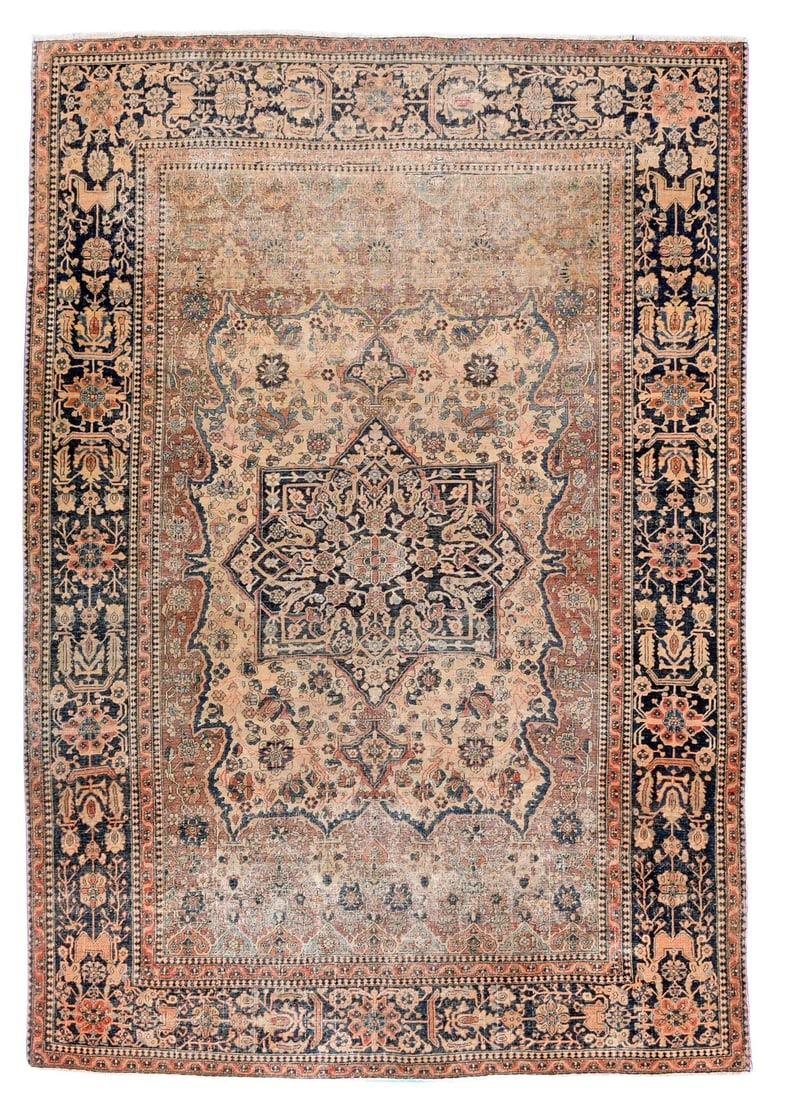 Antique Mohtasham Kashan Persian Rug-4'6" X 6'8": Antique Kashan carpets are among the finest Persian rugs. They are woven in workshops of the city of Kashan, in north-central Iran. Kashan was a hub of silk production since the Safavid dynasty and ha