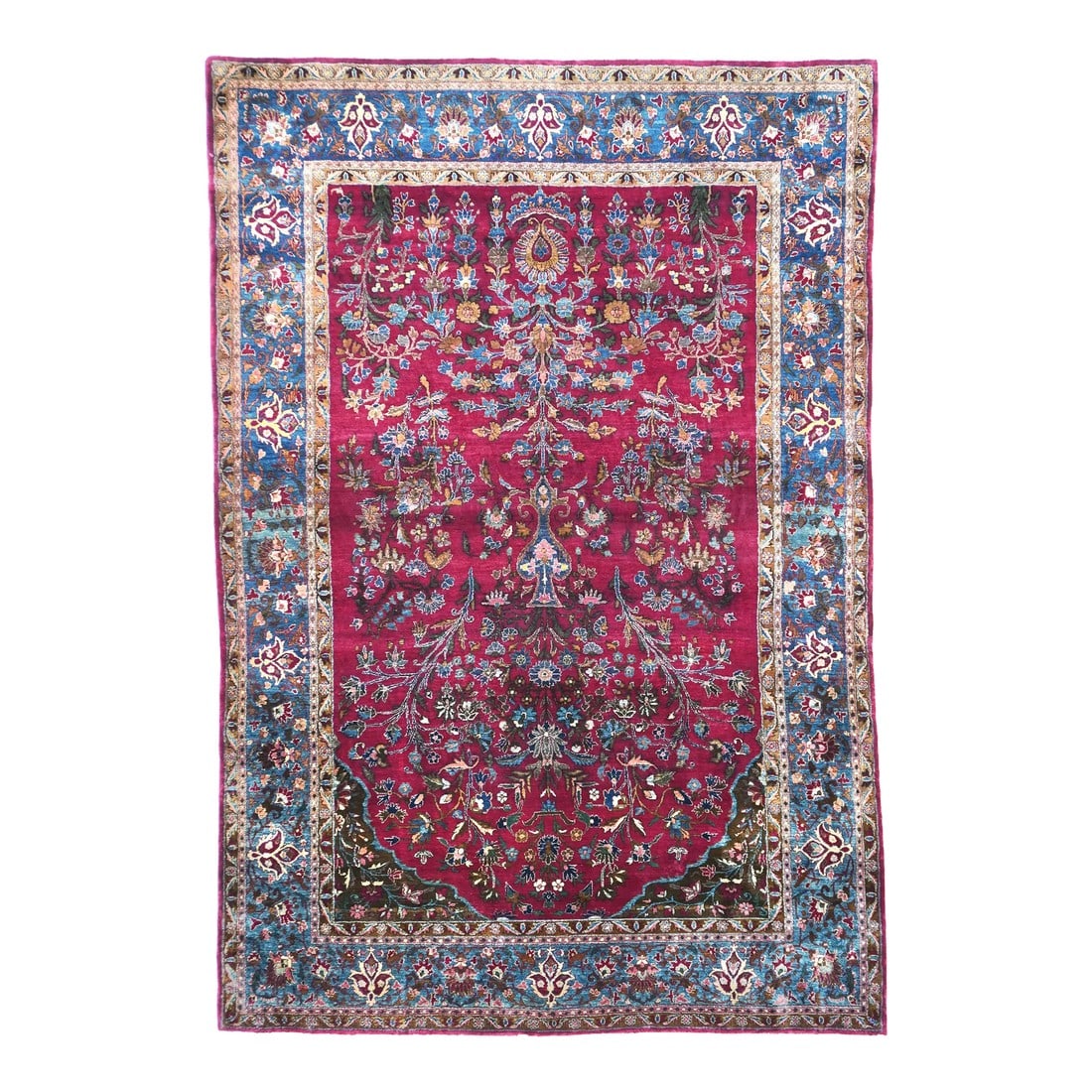 Antique Persian Silk Kashan Rug 4'5'' X 6'6'': Antique Persian Silk Kashan Rug 4'5'' x 6'6''. Central Persian city known for finely woven. room size and scatter rugs, with dominant reds and navy, and medallion patterns and swirling palmettes. Wool