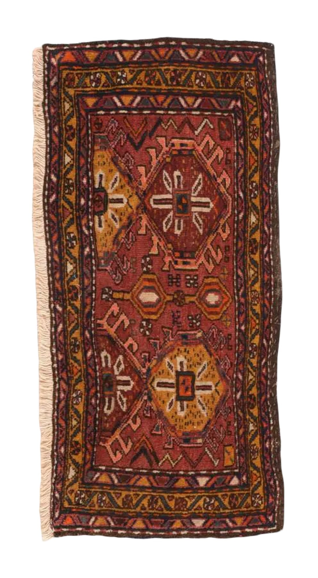 Vintage Afghan Rug 1'6'' X 3'7'': Vintage Afghan Rug 1'6'' x 3'7''. The slightly abrashed rose-red field displays two full and two half hooked, hexagonal medallions in red, mustard and ecru, with smaller nested hexagons and