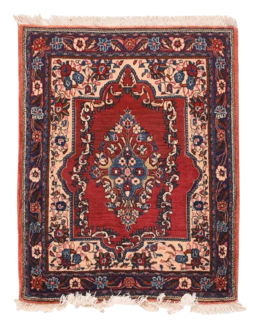 Semi-Antique Persian Sarouk Rug-2"²2"³ × 2"²9"³: Semi-Antique Persian Sarouk Rug 2'2'' x 2'9'' Wool Rust, Light Blue, Ivory, Navy, Light Brown Condition: Alterations: Original Condition Unaltered Imperfections: Some Imperfections Condition Notes: Go