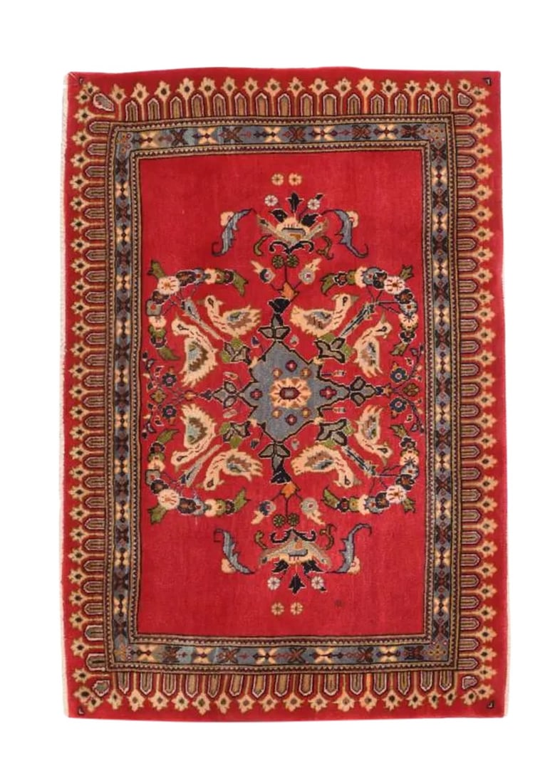 1930s Persian Kashan Rug-2"²2"³ × 3"²2"³: Semi-Antique Persian Kashan Rug 2'2'' x 3'2'' Wool Light Blue, Light Green, Rust, Brown, Ivory Condition: Alterations: Original Condition Unaltered Imperfections: Some Imperfections Condition Notes: G