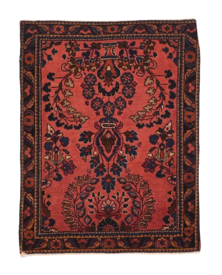 1910s Antique Mohajeran Sarouk Rug-2"² × 2"²6"³: This ruglet shows all the characteristics of Sarouks of the interwar period, with a rose-red field. Vases and detached floral sprays. Tulips and carnations are among the depicted flowers. The dark
