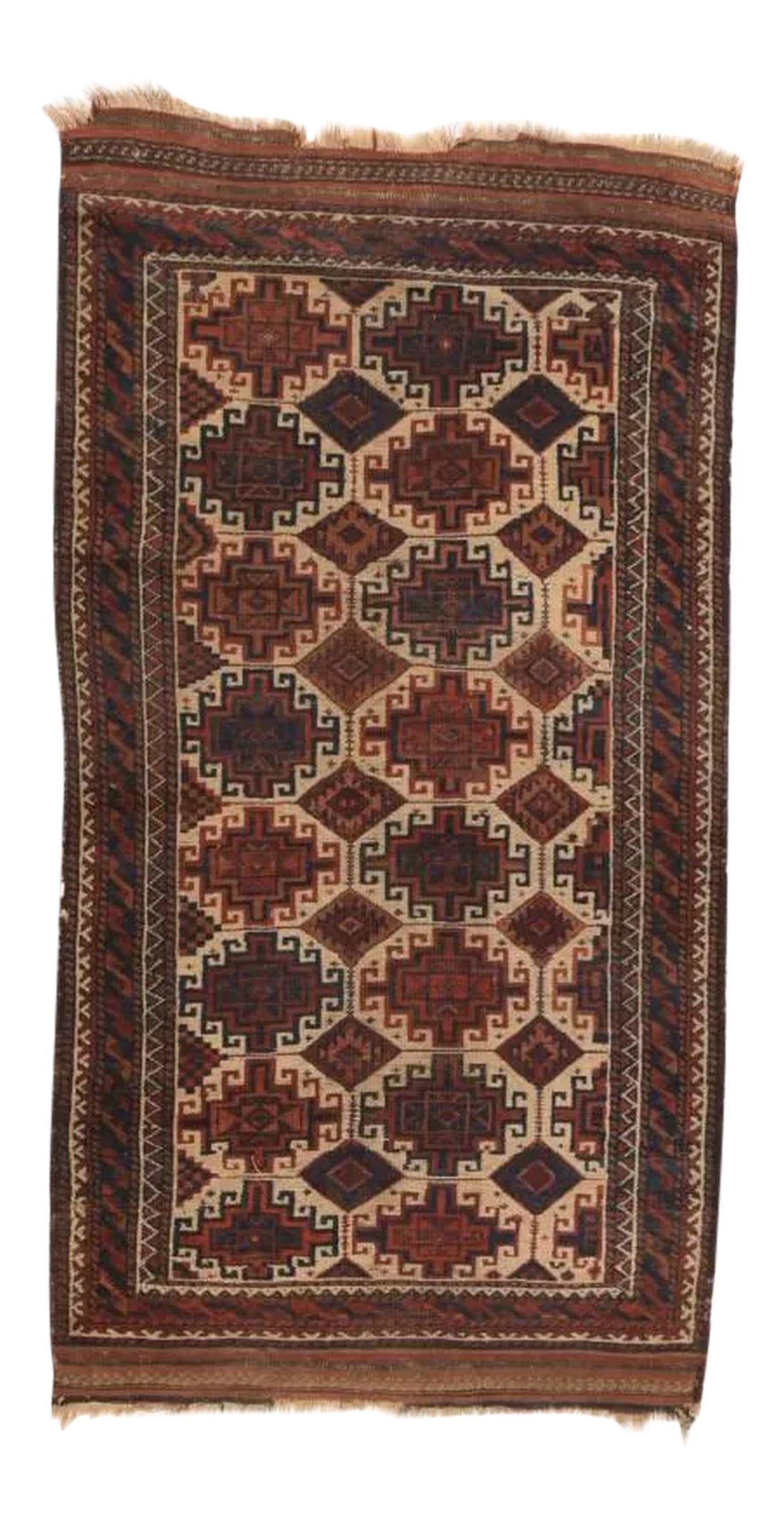 Antique Persian Balouch Tribal Rug 2'9'' X 5'2'': Fine Antique Balouch Persian Rug, Hand Knotted, Circa 1910, Ivory, Brown, Red Condition: Alterations: Original Condition Unaltered Imperfections: Some Imperfections Condition Notes: Good Condition