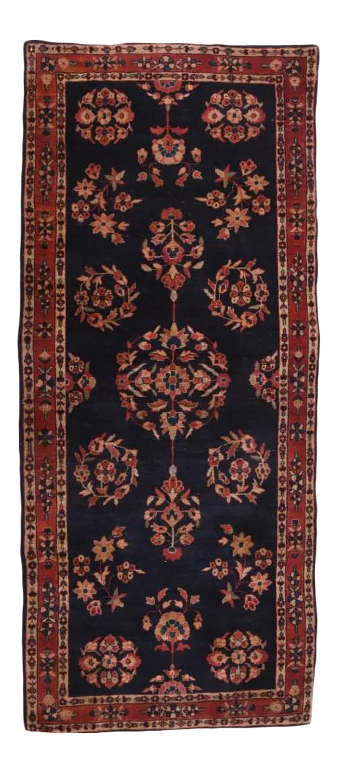 Antique Persian Navy Mohajeran Sarouk Rug: Antique Persian Navy Mohajeran Sarouk Rug 2'9'' x 6'8'' Wool Black, Rust, Light Brown, Light Green Condition: Alterations: Original Condition Unaltered Imperfections: Some Imperfections Condition
