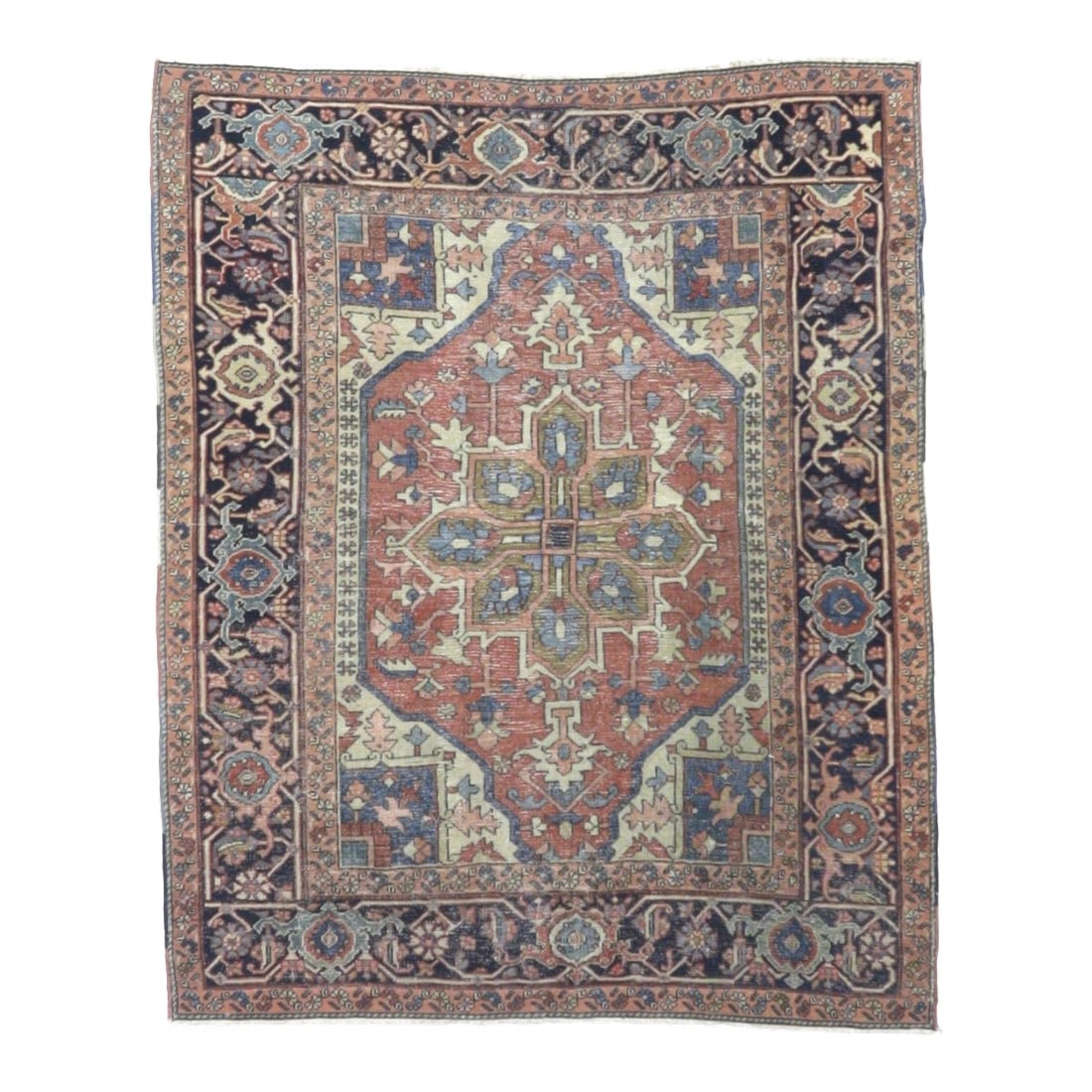 Fine Antique Persian Serapi Wool Rug 4'9" X 5'9": A higher grade of Heriz carpets, usually in medallion designs, with crisp natural dyes, and primarily woven between 1900 and 1930. Red field, navy border is the most popular combination. Semi-geometri