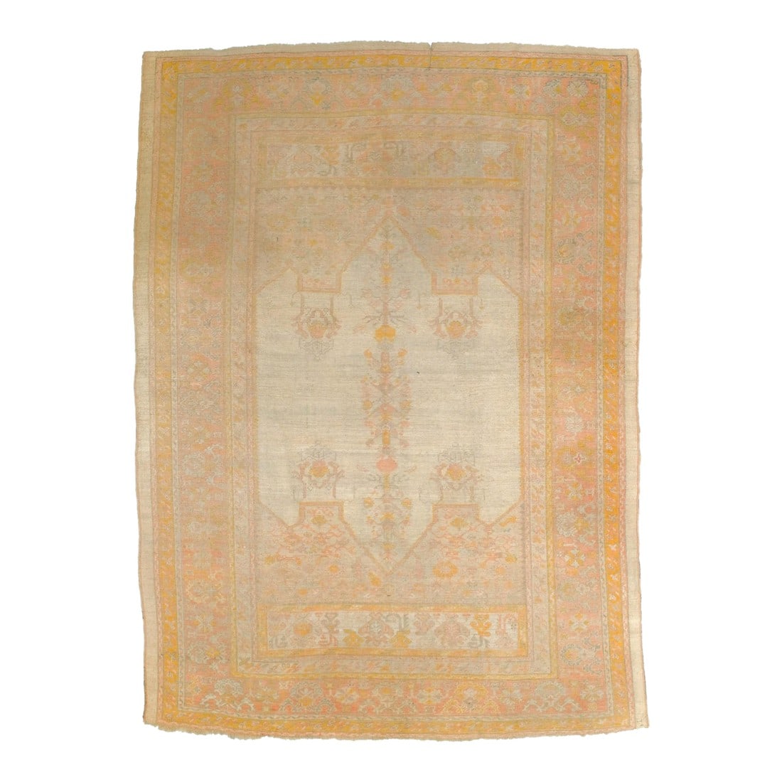 Fine Antique Turkish Oushak Rug 8'8" X 12': Town in Western Anatolia, weaving mostly room sizes, in coarse to moderate weave, high pile. Antiques are all wool, changing to cotton foundations in the 1920's. Geometric or Persian-derived patterns,