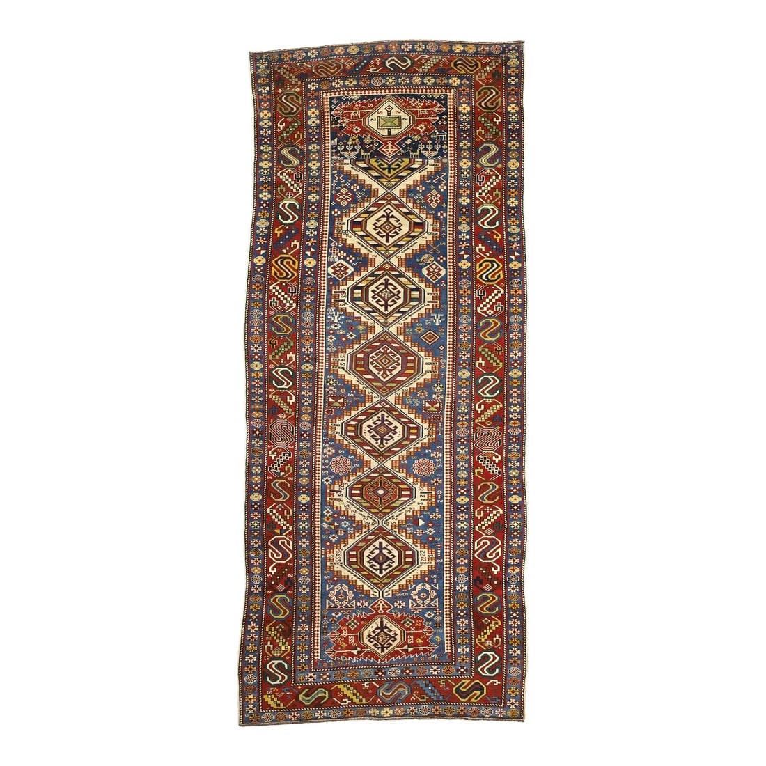 Antique Caucasian Shirvan Rug 3'9" X 8'11": Antique Caucasian Shirvan Rug 3'9" x 8'11". Eastern Caucasian, west Caspian Caucasian rugs, primarily scatters, in geometric layouts, some prayer, from a wide range of local villages. Marasali prayer 