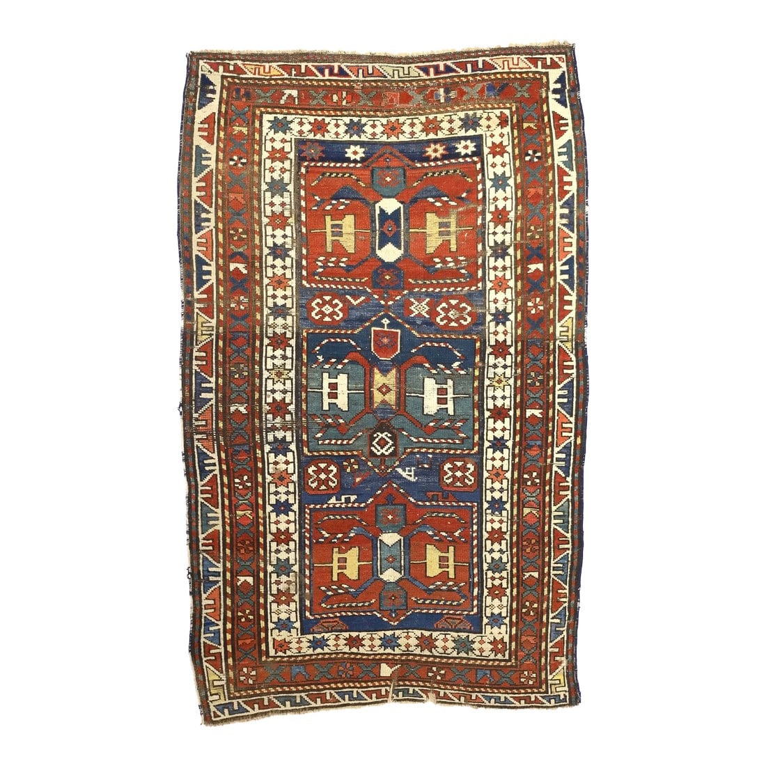 Antique Caucasian Kazak Rug 3'6" X 5'8": Antique Caucasian Kazak Rug 3'6" x 5'8". SW Caucasus/Armenia. Boldly patterned, strongly colored, totally geometric, all wool, coarse to moderate weave, medium to long pile, scatter format pieces, in 