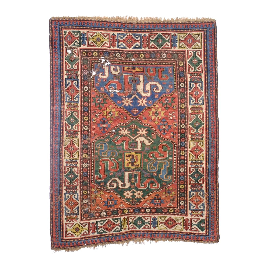 Antique Cloudband Kazak Rug 4'3" X 5'7": Antique Cloudband Kazak Rug 4'3" x 5'7". SW Caucasus/Armenia. Boldly patterned, strongly colored, totally geometric, all wool, coarse to moderate weave, medium to long pile, scatter format pieces, in 