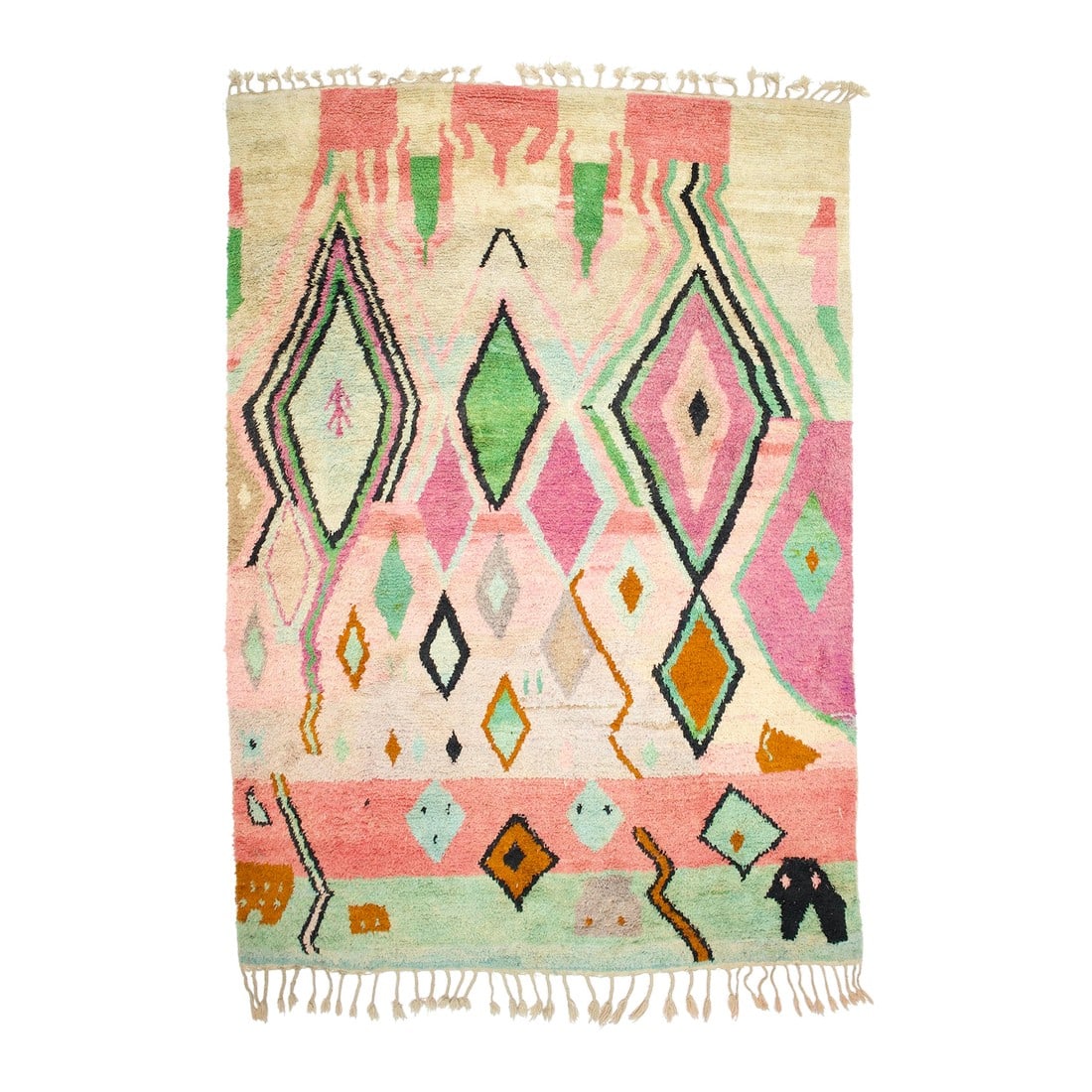 Fine Vintage Moroccan Wool Rug 9'5" X 13'4": Fine Vintage Moroccan Wool Rug 9'5" x 13'4". Comprising both the nomadic Berber rugs of the Atlas Mountains, with very thick piles, coarse knotting and limited palettes, and the more colorful, coarse 