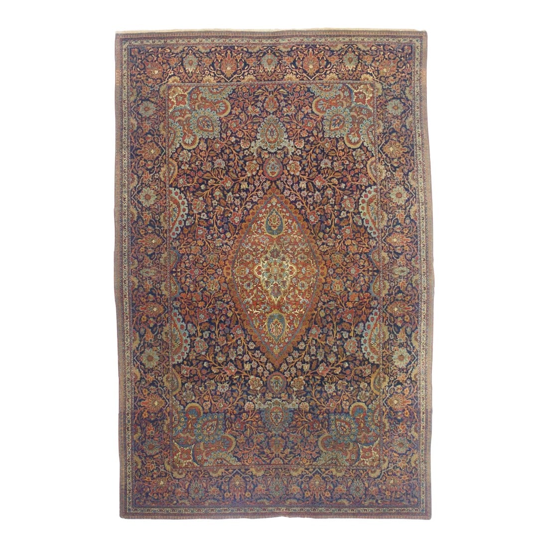 Antique Persian Dabir Kashan Rug 4'4" X 6'6": Antique Persian Dabir Kashan Rug 4'4" x 6'6". Central Persian city known for finely woven. room size and scatter rugs, with dominant reds and navy, and medallion patterns and swirling palmettes. Wool 