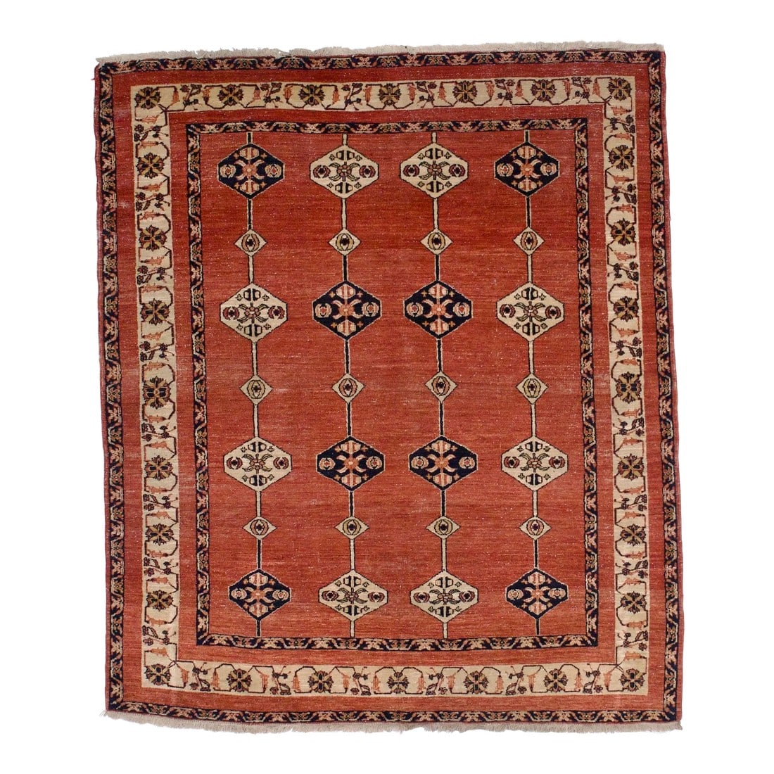 Fine Vintage Persian Gabbeh Rug 6'0" X 7'0": Fine Vintage Persian Gabbeh Rug 6'0" x 7'0". The wool pile rugs, usually scatter formats, woven by the Qashghai tribes of SW Persia (Fars Province), in moderate weave, uncluttered geometries and unsha