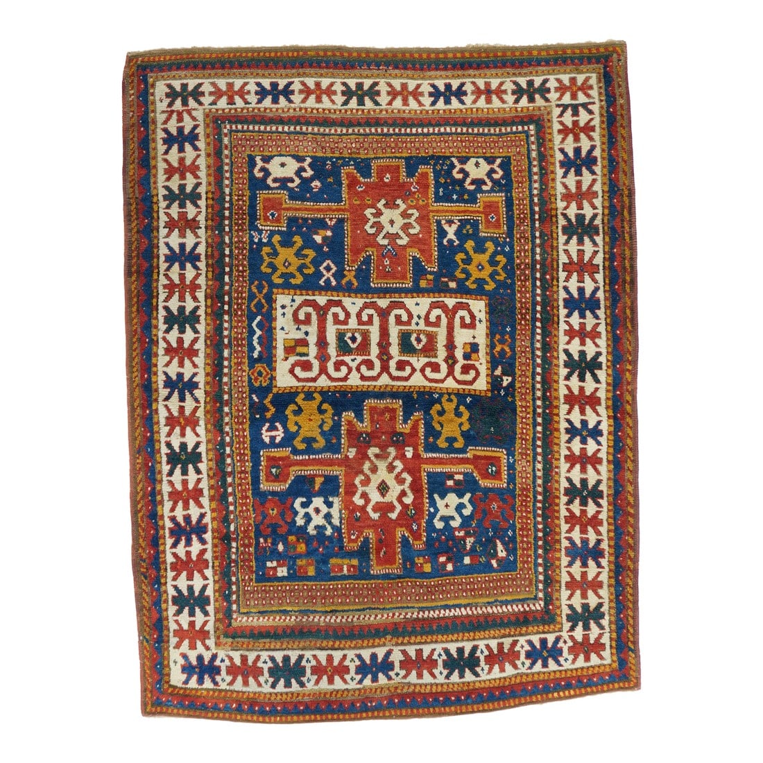 Antique Caucasian Kazak Borcholo Rug 4'9'' X 6'3'': Antique Caucasian Kazak Borcholo Rug 4'9'' x 6'3''. SW Caucasus/Armenia. Boldly patterned, strongly colored, totally geometric, all wool, coarse to moderate weave, medium to long pile, scatter format 