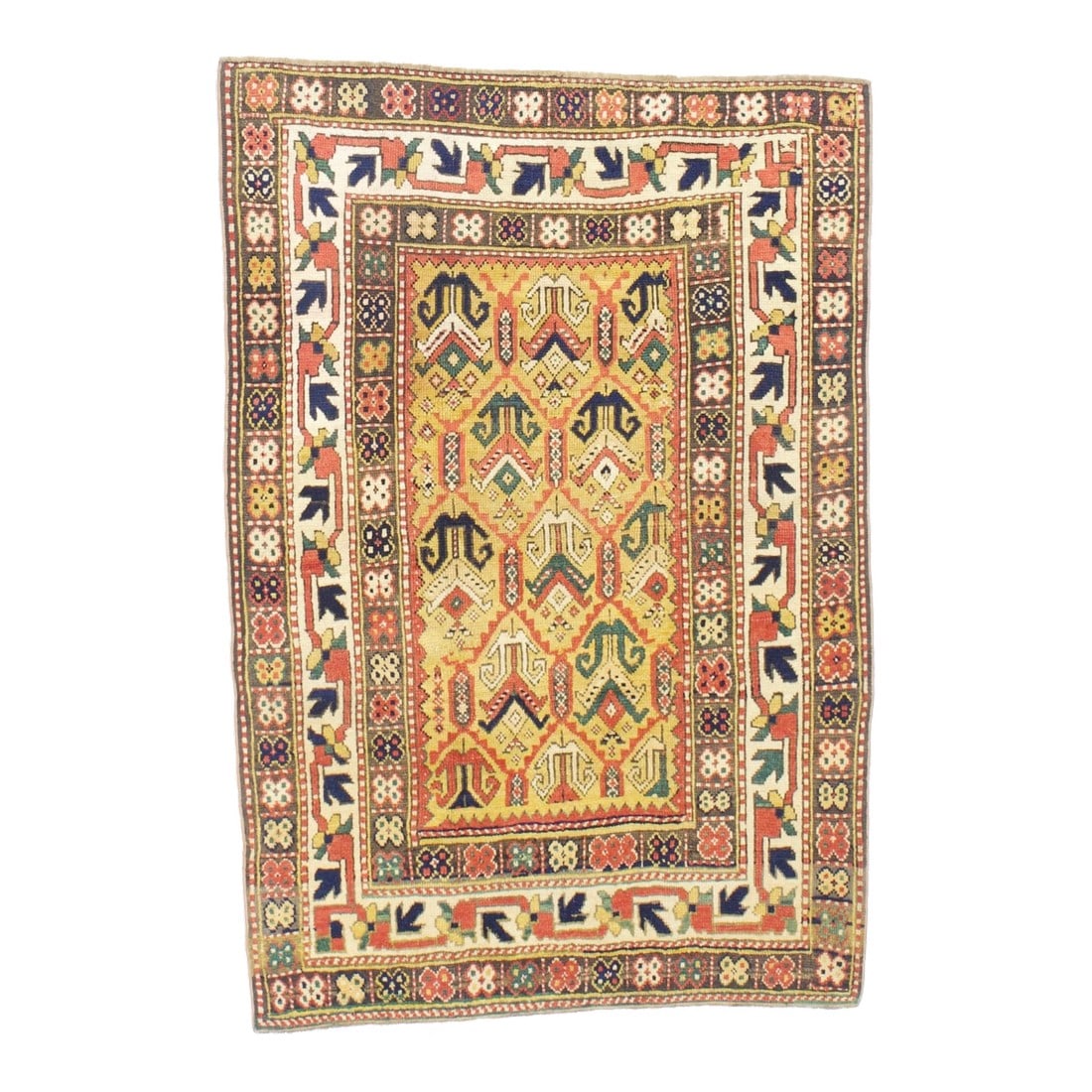 Late 19th Century Kazak Ganjeh Rug 4'1" X 6'0": The golden straw field displays a larger hexagonal lattice with a rising, one-way stylized flower head and leaf allover pattern. Red, ecru and near black are among the natural secondary tones. The mos
