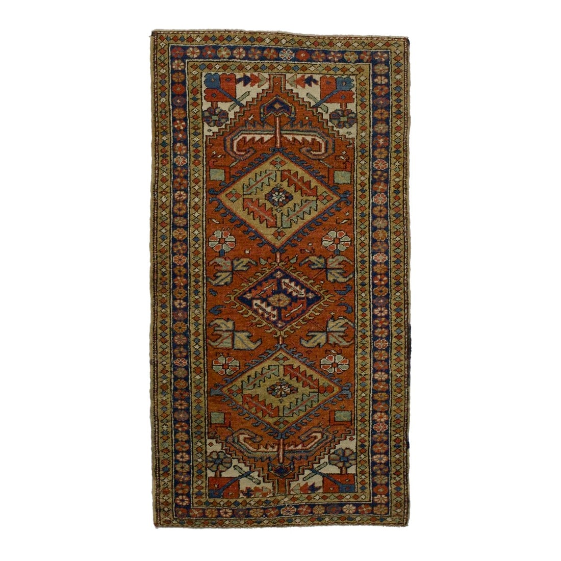 Late 19th Century Persian Heriz Rug 3'0" X 5'10": Antique Persian Heriz Rug 3'0" x 5'10". The numerous rugs of the famous NW Persian weaving district, from small scatters to giant carpets and a few runners, in semi-geometric medallion, centralized an
