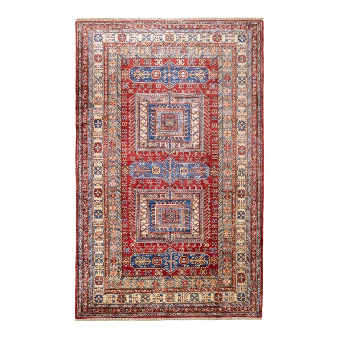 Kazak Rug 5'10'' X 9'2'': Kazak Rug 5'10'' x 9'2''. SW Caucasus/Armenia. Boldly patterned, strongly coloured, totally geometric, all wool, coarse to moderate weave, medium to long pile, scatter format pieces, in medallion, all