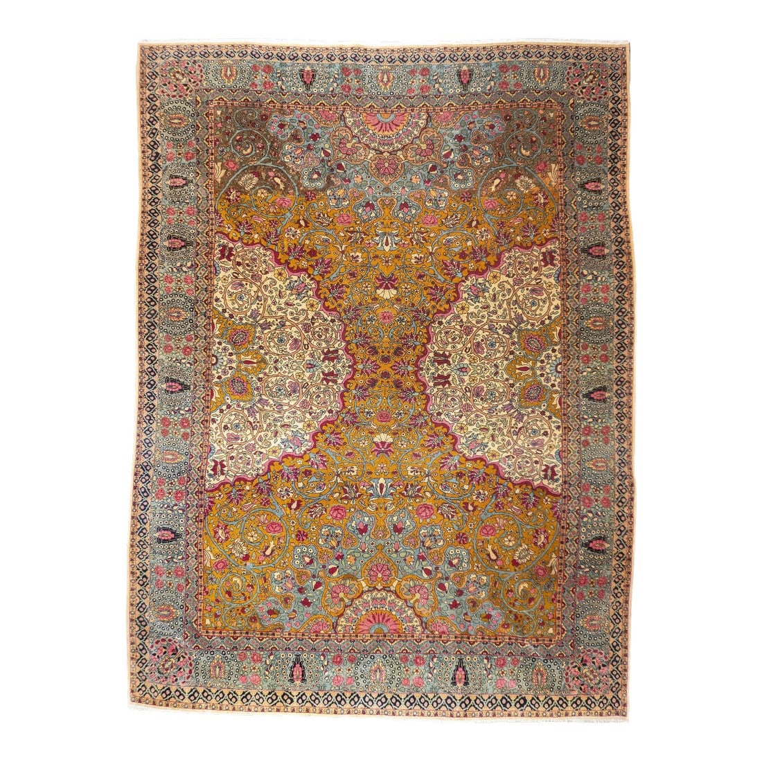 Antique Persian Tehran Rug 7'3'' X 9'10'': Antique Persian Tehran Rug 7'3'' x 9'10''. The interwar, finely woven curvilinear scatters and room sizes woven in the Persian capital city. Medallion, allover and directional/niche layouts.