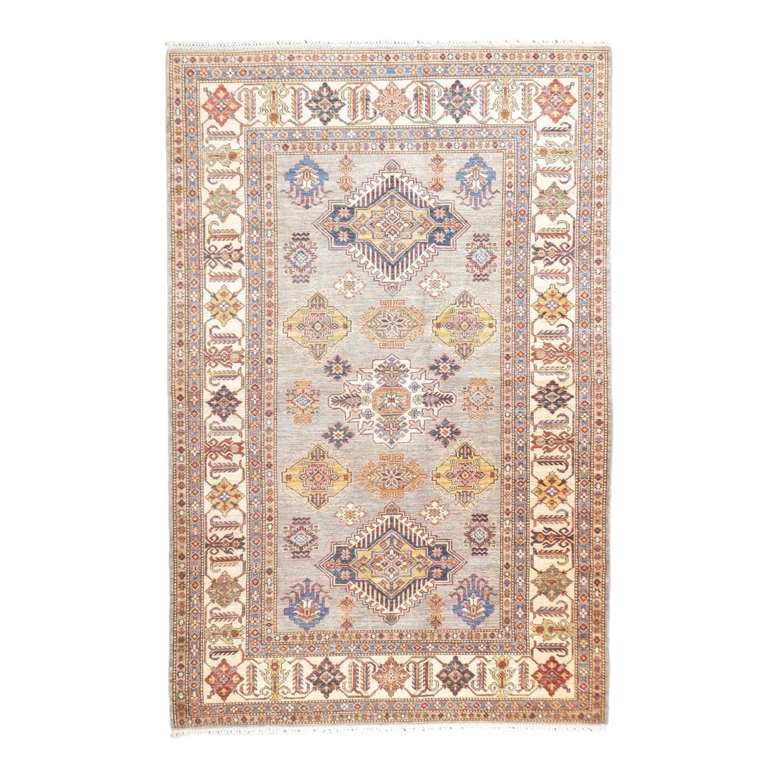 Contemporary Fine Pak Kazak Rug 6'0" X 9'3'': Contemporary Fine PAK Kazak Rug 6'0" x 9'3''. Pakistani post-WWII rug, generally scatters, with soft wool and curvilinear Persianate designs. Synthetic dyes, cotton foundations. Moderate to medium wea