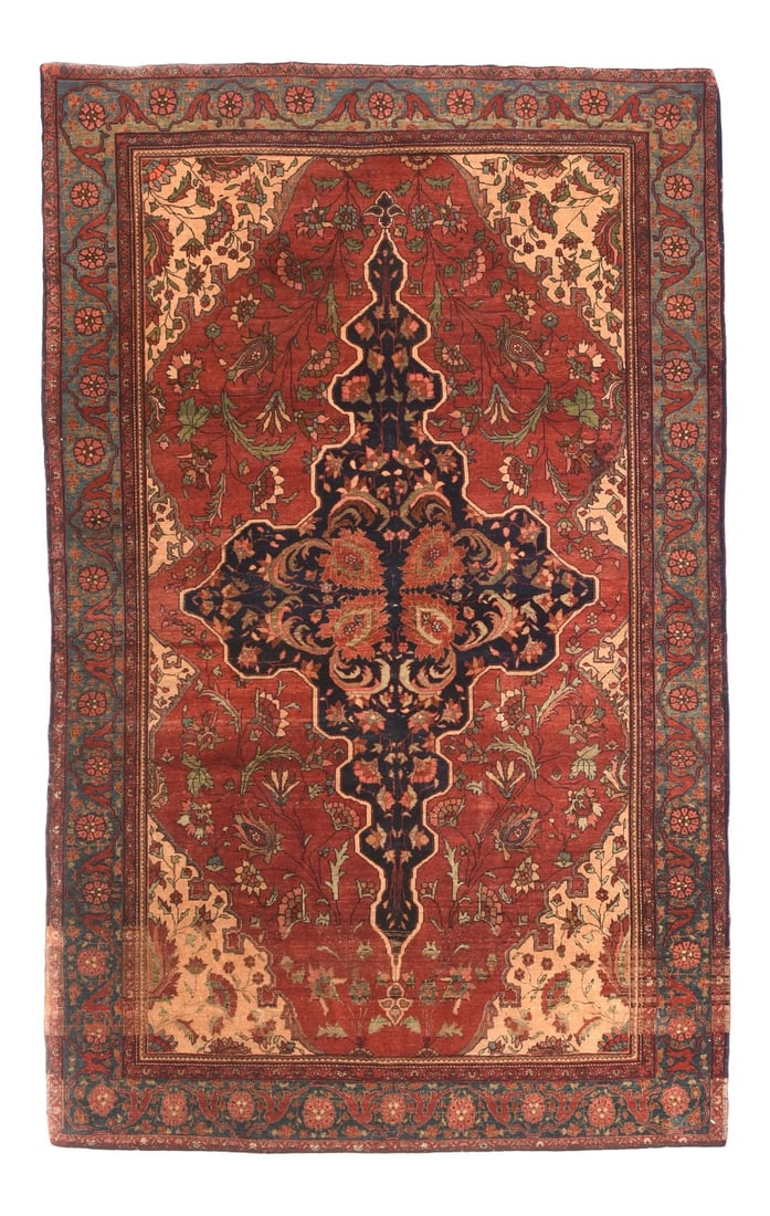 Antique Red Farahan Persian Area Rug: Antique Persian Farahan Sarouk Rug 4'4'' x 7'0''. The scatter and room size pieces made in the Arak/Sultanabad area, between 1880 and 1910, with firm and leathery well-woven textures, and strong in re