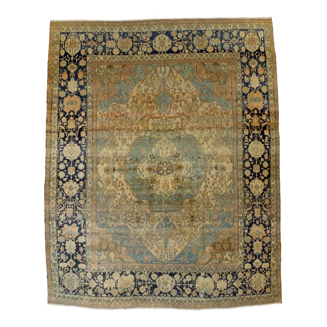 Fine Antique Persian Mohtasham Kashan Rug 9'6" X 11'9": The unusual straw field is defined by teal and rust corners and anchored by a teal and straw pendanted medallion with a petal rosette centre. The darkest blue main border shows a mixture of rosettes,