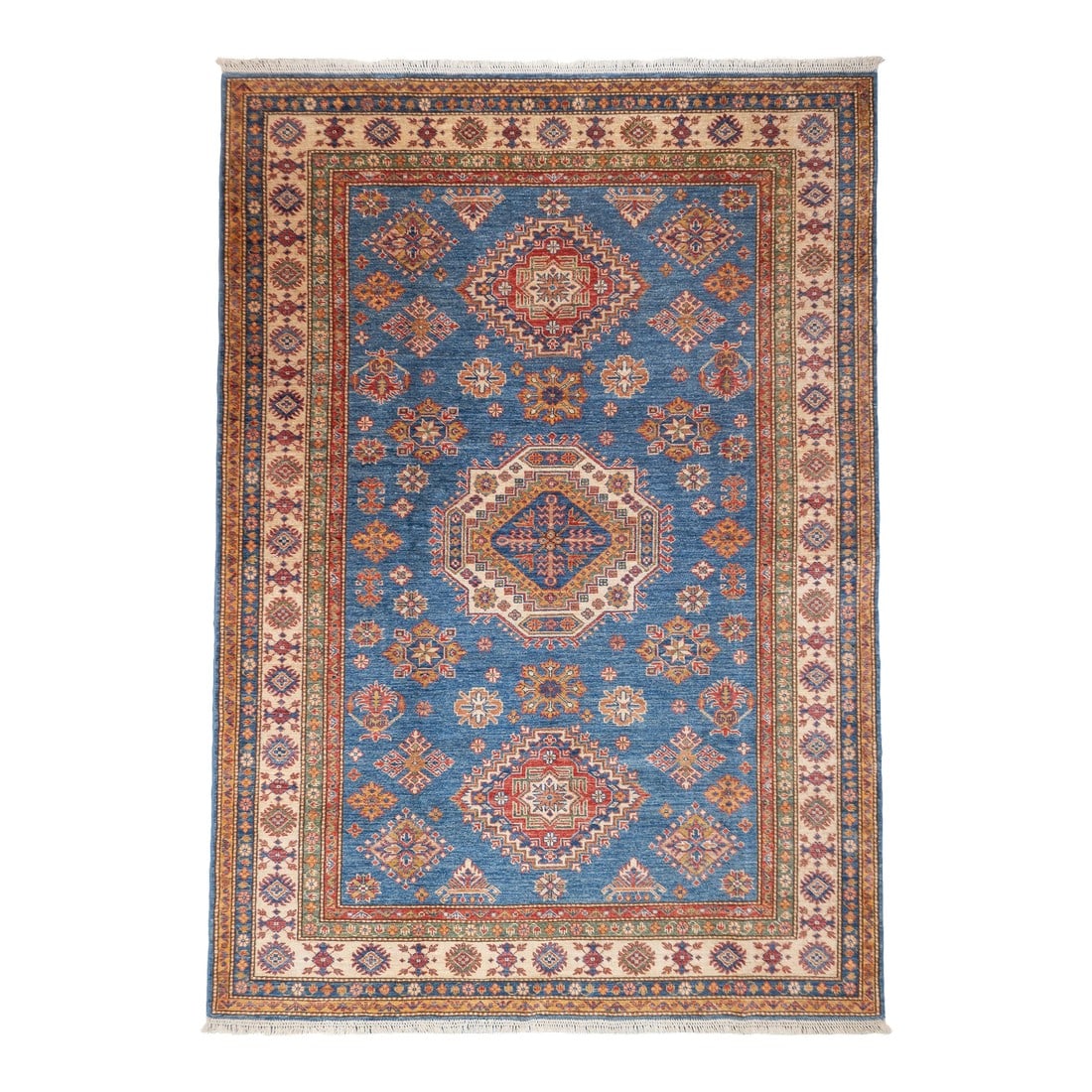 Pak Kazak Rug 5'9'' X 8'3'': PAK Kazak Rug 5'9'' x 8'3''. Pakistani post-WWII rug, generally scatters, with soft wool and curvilinear Persianate designs. Synthetic dyes, cotton foundations. Moderate to medium weaves. Condition: A