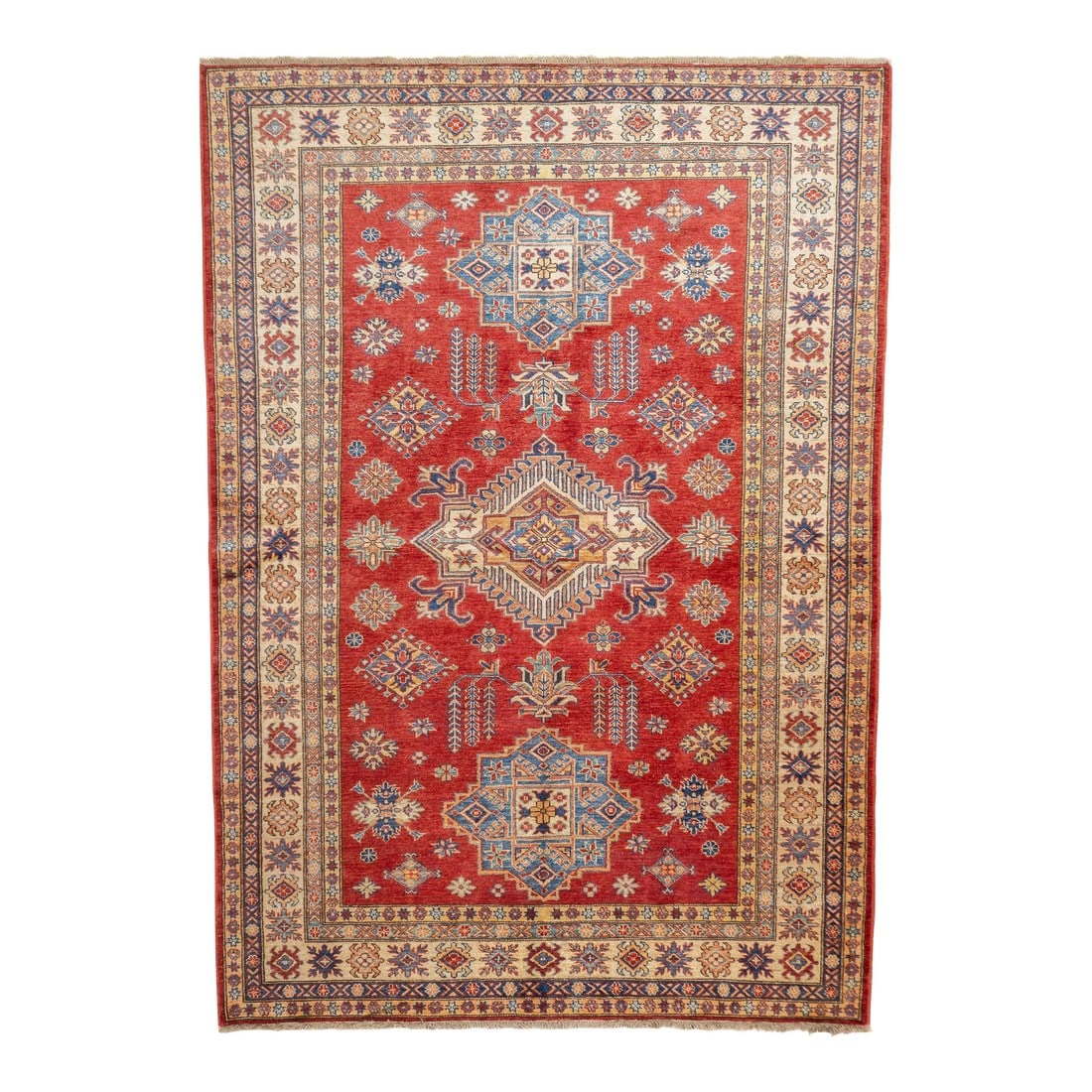 Pak Kazak Rug 5'5'' X 7'8'': PAK Kazak Rug 5'5'' x 7'8''. Pakistani post-WWII rug, generally scatters, with soft wool and curvilinear Persianate designs. Synthetic dyes, cotton foundations. Moderate to medium weaves. Condition: