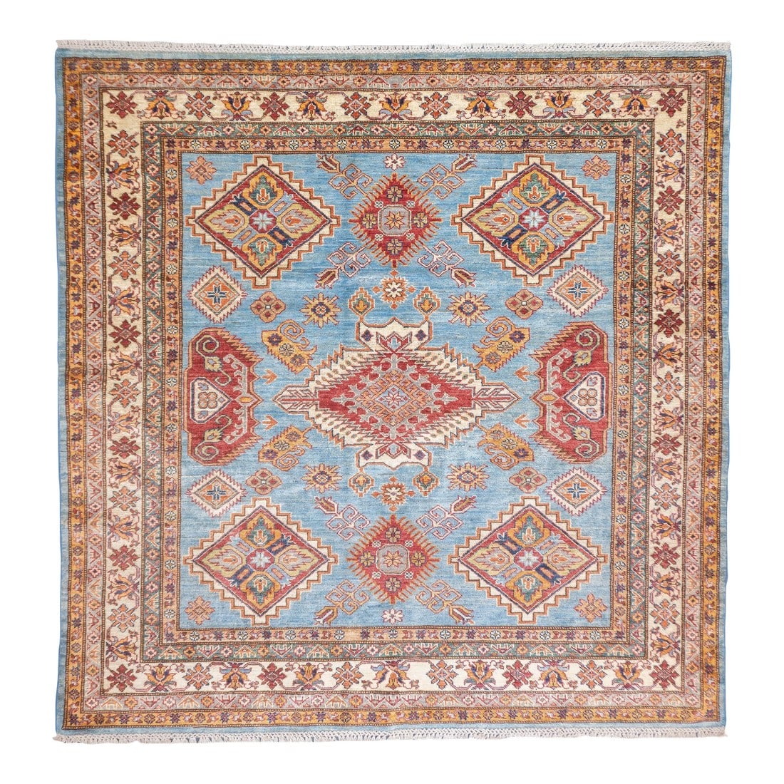 Contemporary Kazak Rug 6'0" X 6'1'': Contemporary Kazak Rug 6'0" x 6'1''. SW Caucasus/Armenia. Boldly patterned, strongly coloured, totally geometric, all wool, coarse to moderate weave, medium to long pile, scatter format pieces, in