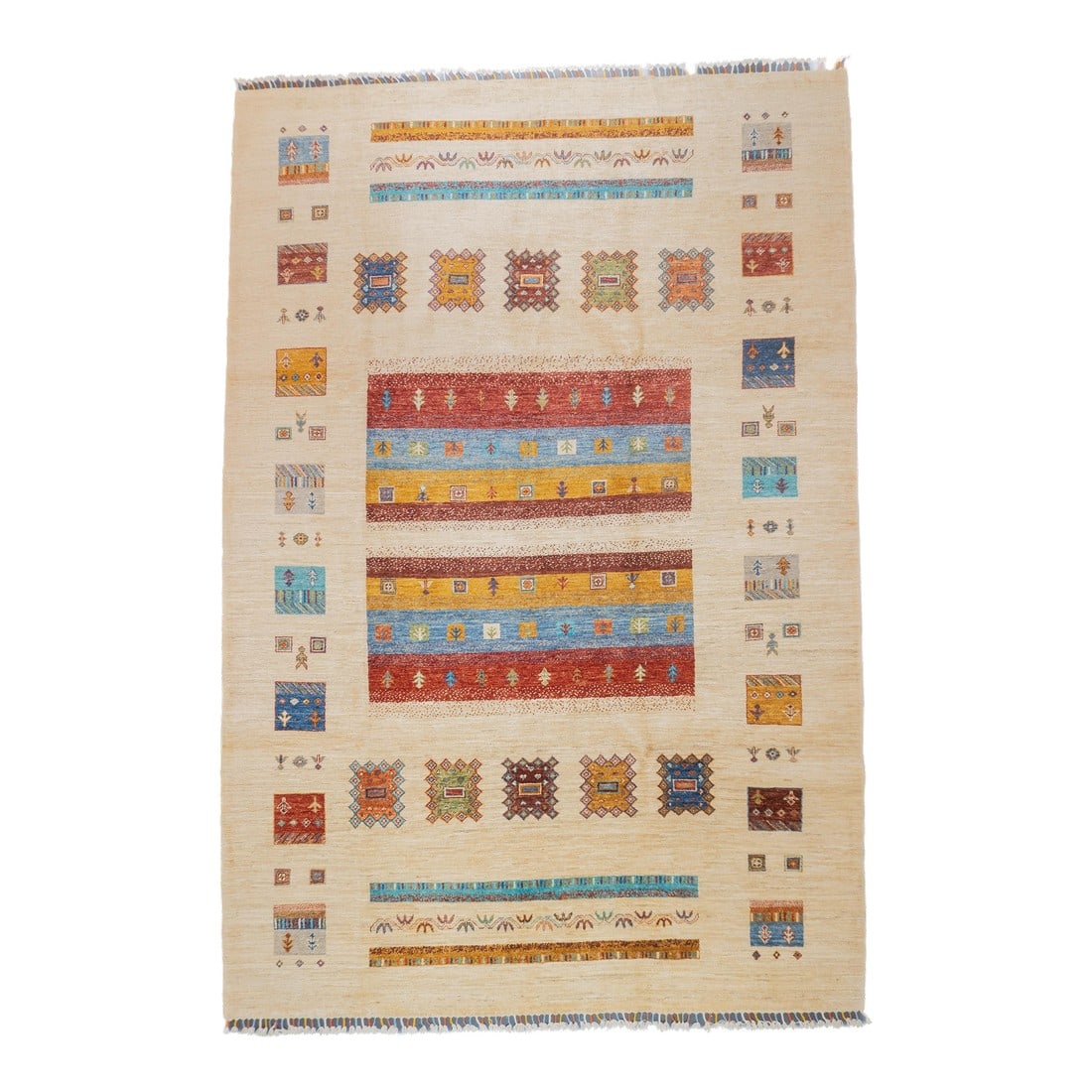 Contemporary Gabbeh Rug 6'7'' X 9'9'': Contemporary Gabbeh Rug 6'7'' x 9'9''. Wool pile rugs, usually scatter formats, woven by the Qashghai tribes of SW Persia (Fars Province), in moderate weave, uncluttered geometries and unshaded colour