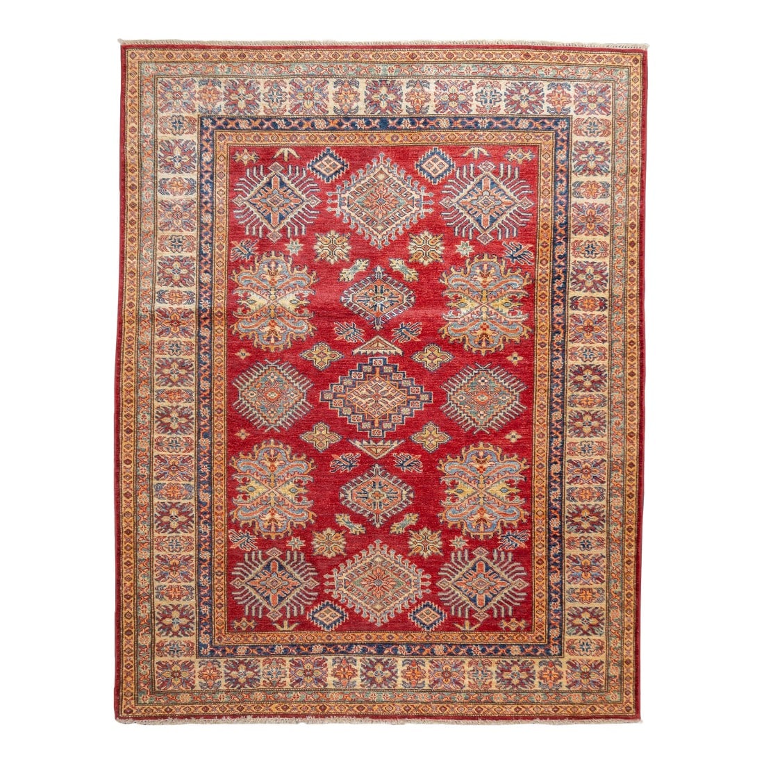 Pak Kazak Rug 5'1'' X 6'5'': PAK Kazak Rug 5'1'' x 6'5''. Pakistani post-WWII rug, generally scatters, with soft wool and curvilinear Persianate designs. Synthetic dyes, cotton foundations. Moderate to medium weaves. Condition: A