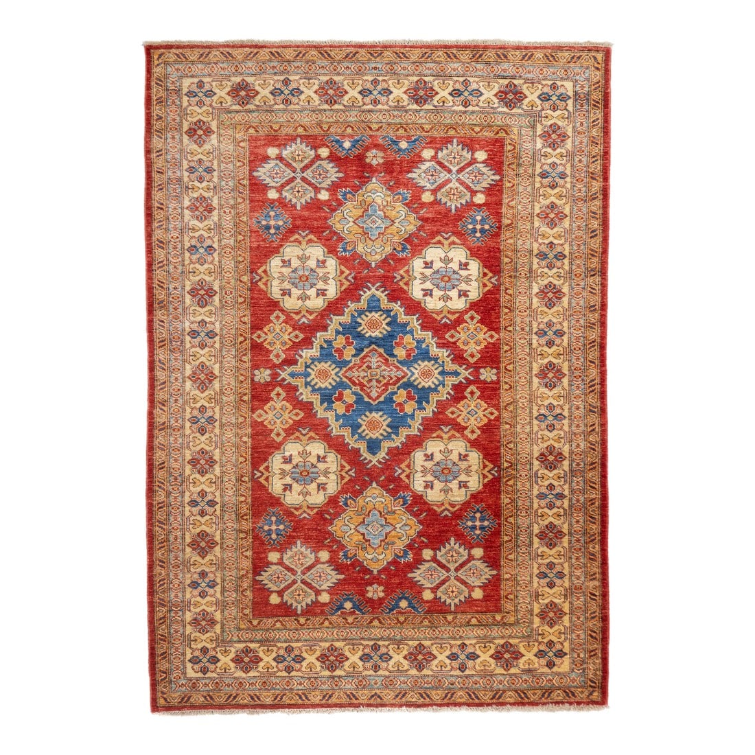 Pak Kazak Rug 4'11'' X 7'2'': PAK Kazak Rug 4'11'' x 7'2''. Pakistani post-WWII rug, generally scatters, with soft wool and curvilinear Persianate designs. Synthetic dyes, cotton foundations. Moderate to medium weaves. Condition: 