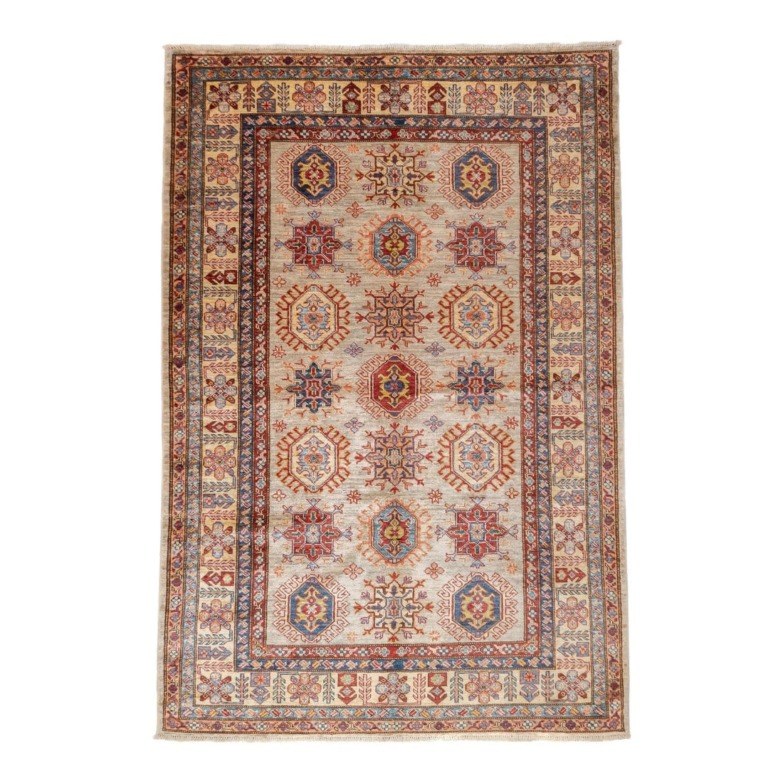 Pak Kazak Rug 4'11'' X 7'3'': PAK Kazak Rug 4'11'' x 7'3''. Pakistani post-WWII rug, generally scatters, with soft wool and curvilinear Persianate designs. Synthetic dyes, cotton foundations. Moderate to medium weaves. Condition: 