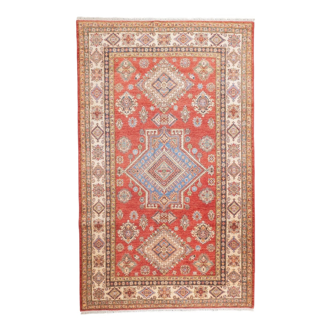 Pak Kazak Rug 5'10'' X 9'7'': PAK Kazak Rug 5'10'' x 9'7''. Pakistani post-WWII rug, generally scatters, with soft wool and curvilinear Persianate designs. Synthetic dyes, cotton foundations. Moderate to medium weaves. Condition: 