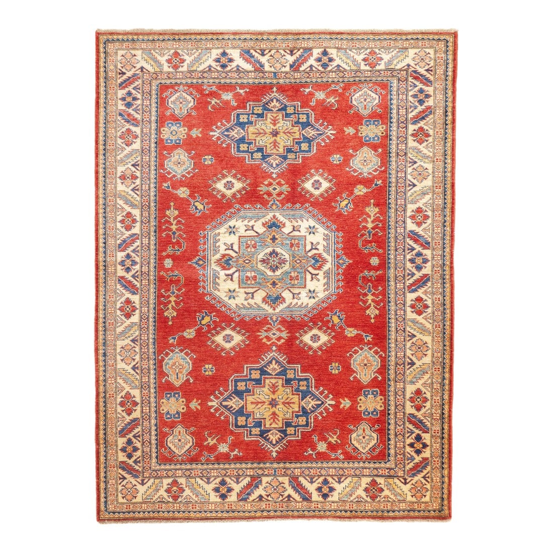 Pak Kazak Rug 5'9'' X 7'10'': PAK Kazak Rug 5'9'' x 7'10''. Pakistani post-WWII rug, generally scatters, with soft wool and curvilinear Persianate designs. Synthetic dyes, cotton foundations. Moderate to medium weaves. Condition: 