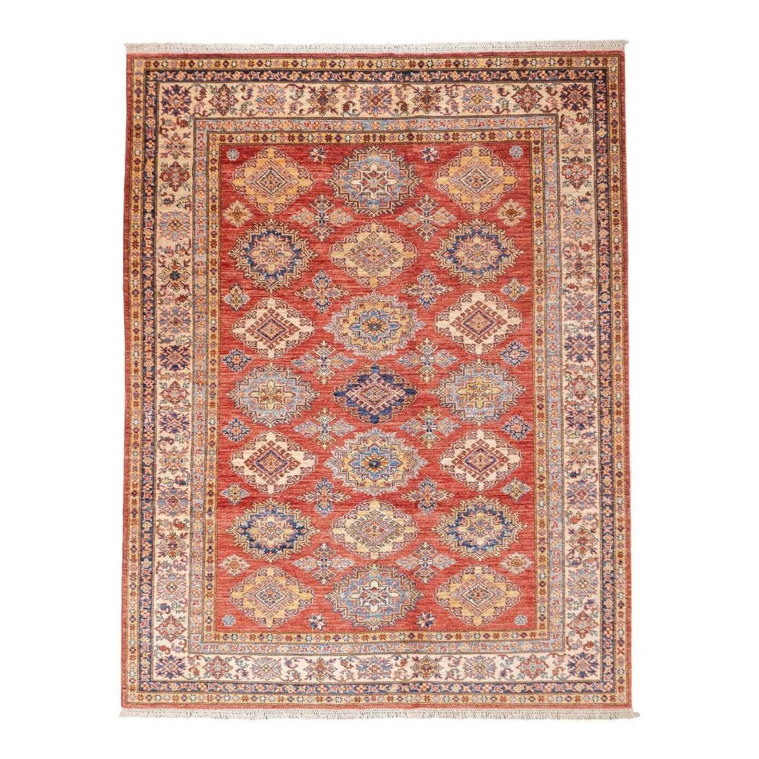 Pak Kazak Rug 5'10'' X 7'7'': PAK Kazak Rug 5'10'' x 7'7''. Pakistani post-WWII rug, generally scatters, with soft wool and curvilinear Persianate designs. Synthetic dyes, cotton foundations. Moderate to medium weaves. Condition: 