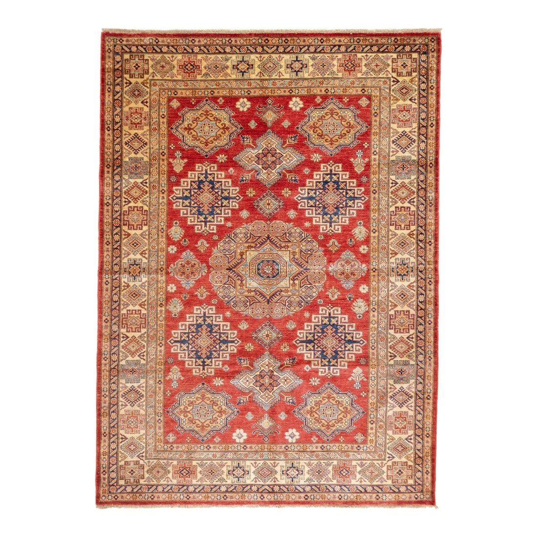 Pak Kazak Rug 5'8'' X 7'10'': PAK Kazak Rug 5'8'' x 7'10''. Pakistani post-WWII rug, generally scatters, with soft wool and curvilinear Persianate designs. Synthetic dyes, cotton foundations. Moderate to medium weaves. Condition: 