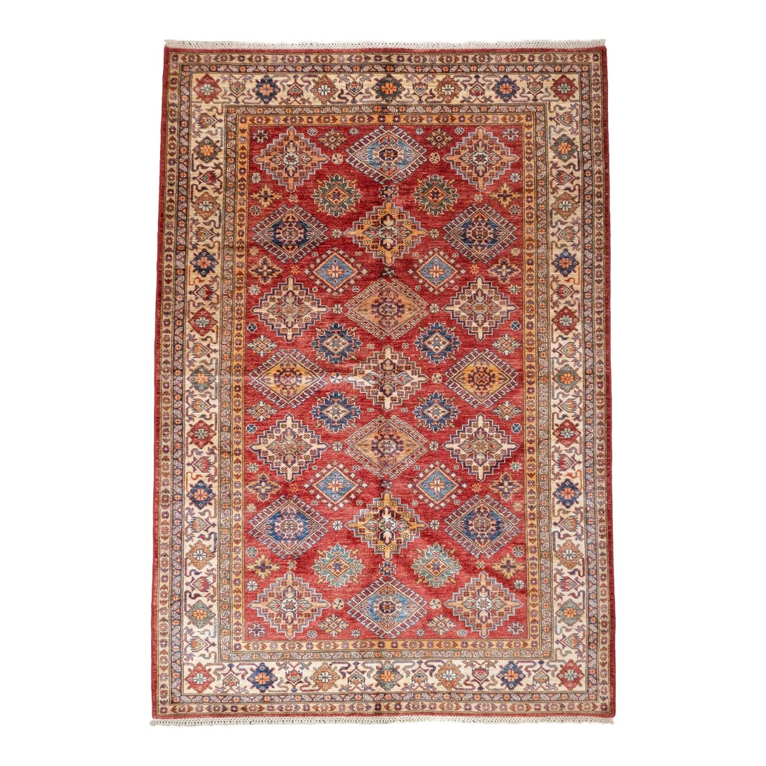 Pak Kazak Rug 5'7'' X 8'2'': PAK Kazak Rug 5'7'' x 8'2''. Pakistani post-WWII rug, generally scatters, with soft wool and curvilinear Persianate designs. Synthetic dyes, cotton foundations. Moderate to medium weaves. Condition: A